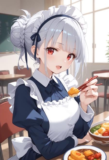 score_9, score_8_up, score_7_up, source_anime,1girl,solo,medium breasts, maid, maid headdress,feeding, food, open mouth, incoming food, looking at viewer, holding chopsticks, bento, tamagoyaki,tako-san wiener ,<lora:feeding_Pony_v1:0.8>from side, fisheye lens, silver hair, red eyes,guilt, university, hair bun hair,,