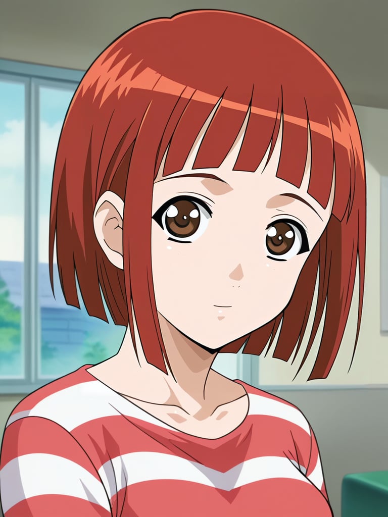 <lora:Mizuho_Shinozaki-Hitozuma_Ryoujoku_Sankanbi:1>,Mizuho,1girl,solo,red hair,brown eyes,short hair,blunt bangs,medium breasts,striped shirt,upper body,looking at viewer,indoors