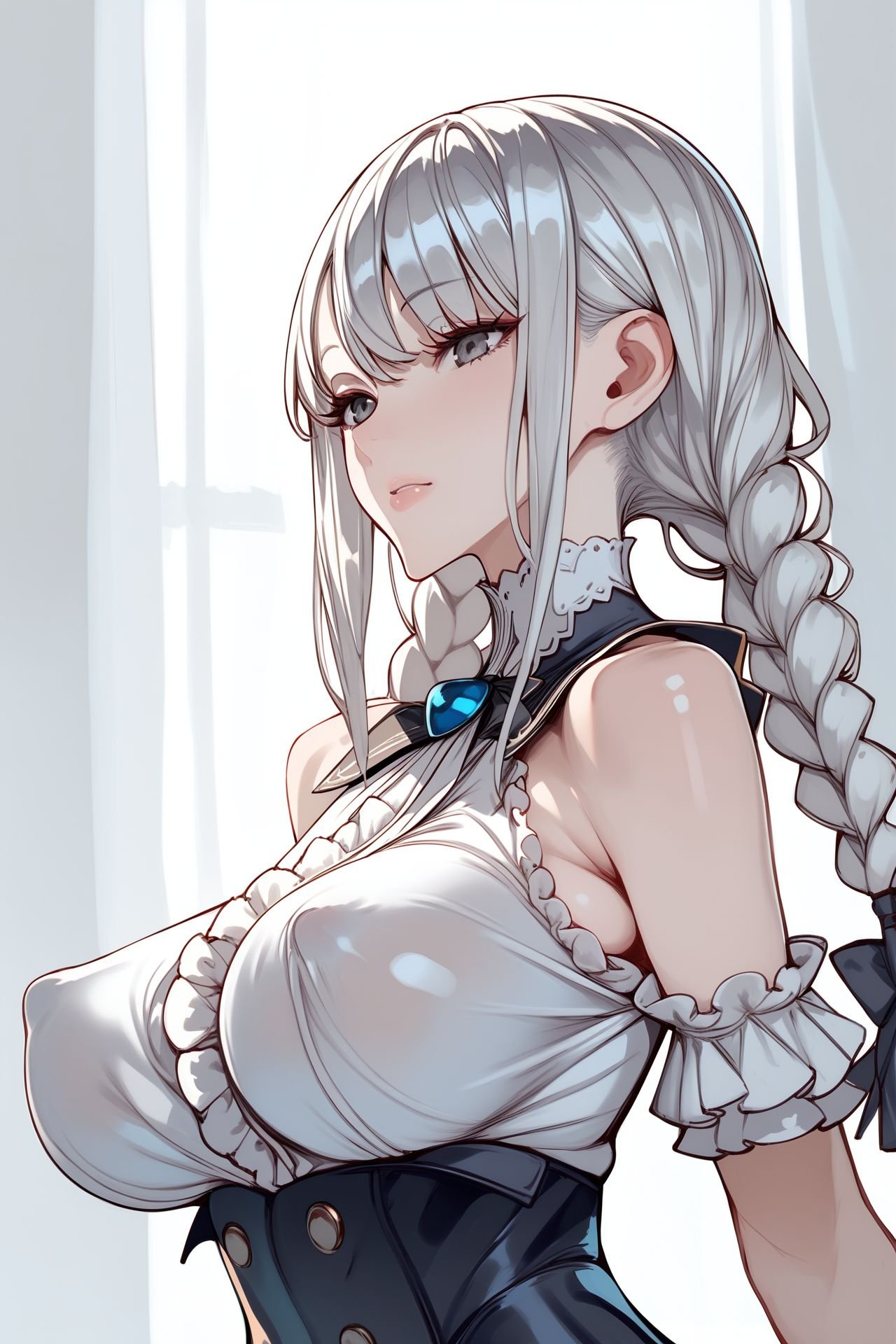 score_9, score_8_up, score_7_up, 1girl, white hair, fringed_bangs, tri_braids, light_grey eyes, breasts, covered nipples,  <lora:Honjou_Raita_PonyXL_style_v01:1>