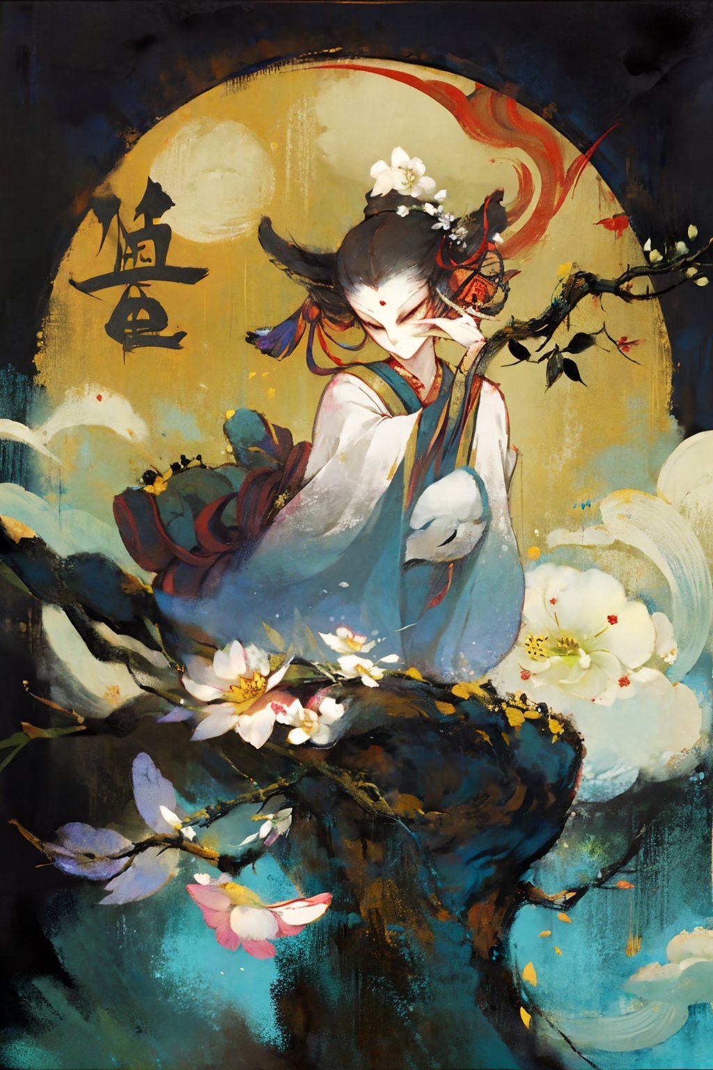 (no one:1.3),flower,no humans,moon,branch,white flower,solo,crescent moon,chinese myth,<lora:1101guochao:0.8>,