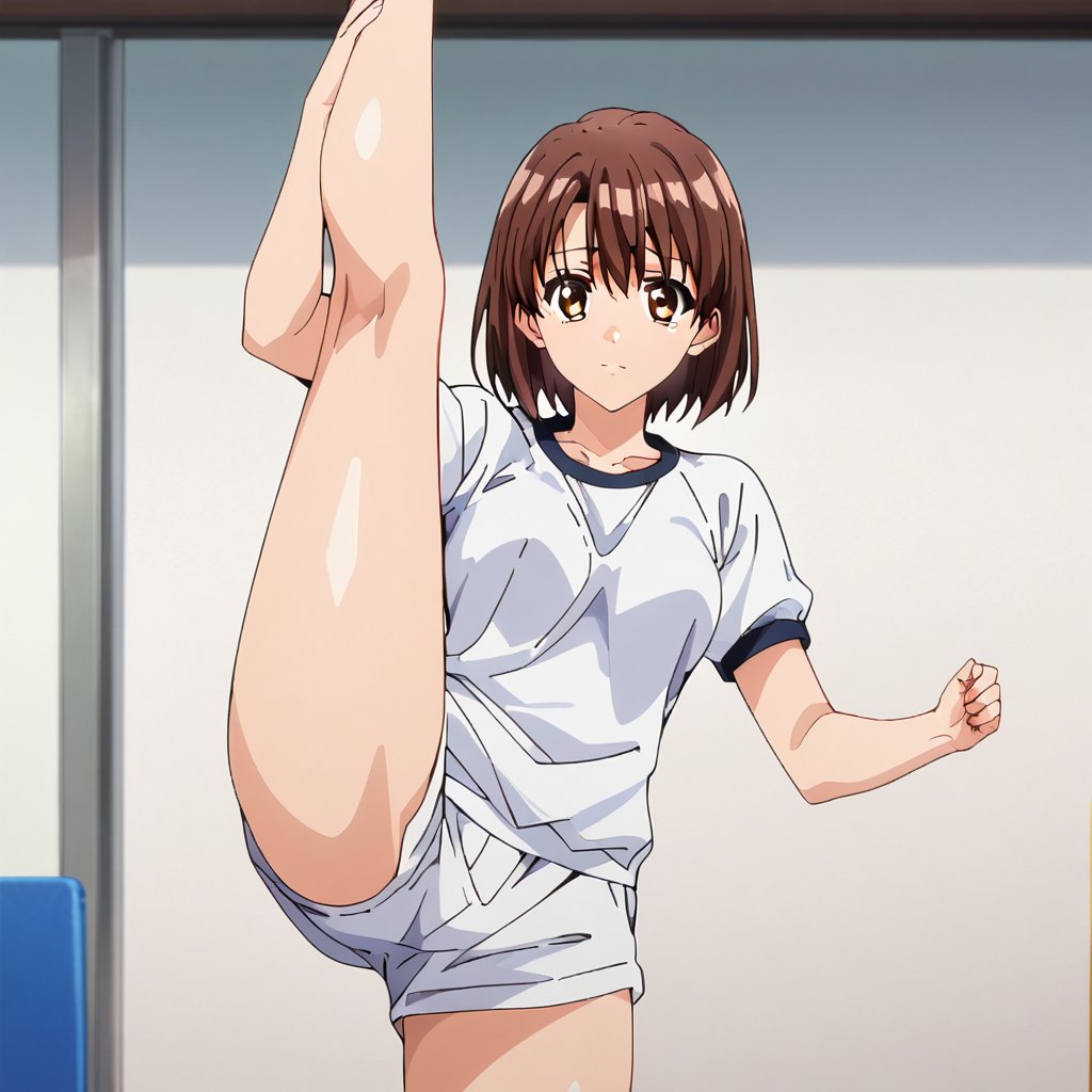 satou nozomi,1girl, solo, gym uniform, gym, standing split, looking at viewer, cowboy shot,masterpiece, perfect face, best quality, beautiful girl, cute girl, beautiful eyes, shiny eyes, anime coloring, anime screencap, absurdres, award winning, <lora:satou nozomi anim:0.8>