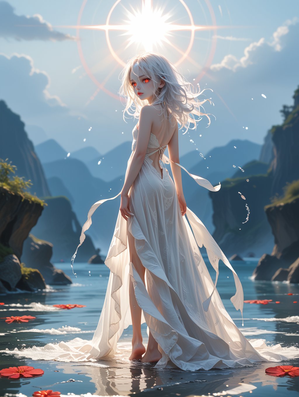 score_9, score_8_up, score_7_up,cowboy shot, full body, ight sky, water, white hair,pale skin, (white skin:1.1),1girl,solo, mysterious, vivid color, shiny, (long messy white hair), messy long hair,light red eyes,(reflective eyes), bare shoulders, girl supermodel, beautiful face, thin lips, looking down at the viewer,looking back, from behind, , (lighting flare),