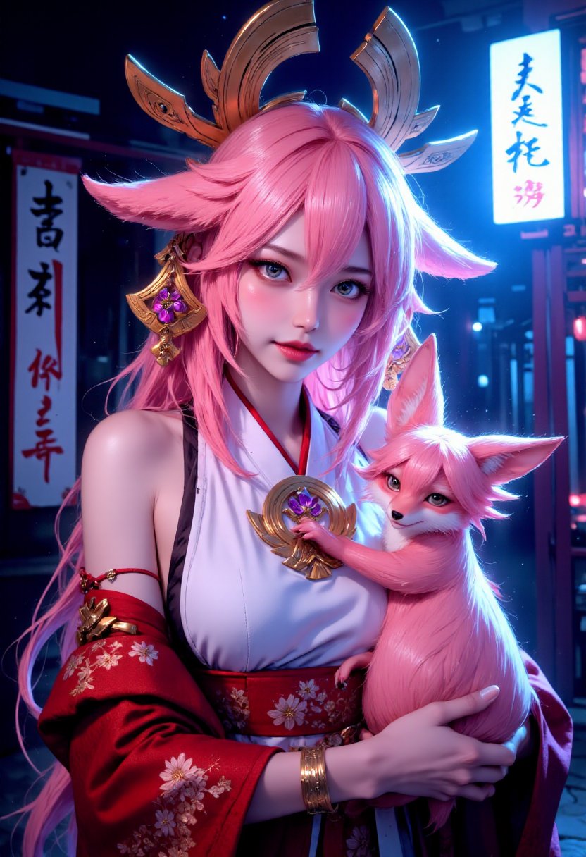 FluxYaeMiko, A striking illustration of a girl’s face, illuminated by a soft blue light, hugging a cute pink fox. long pink hair, petite, round breasts, gold jewelry, kimono, bare shoulders , shiny skin, bar, and creating a mysterious, cinematic atmosphere., cinematic, vibrant, photo, illustration <lora:FluxYaeMiko:1> <lora:FluxMythP0rtr4itStyle:1>