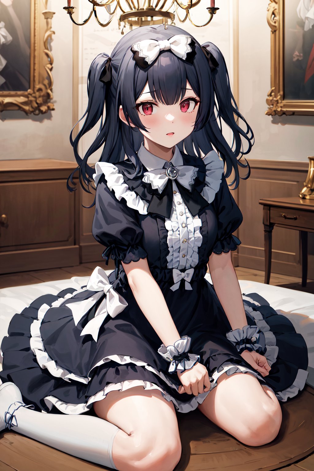 masterpiece, best quality, highres, ddrizne, two side up, hair bow, white bow, gothic, black bow, frilled dress, black dress, center frills, short sleeves, wrist cuffs, <lora:morino_rinze_v1:0.7>, indoors, chandelier, wariza, 