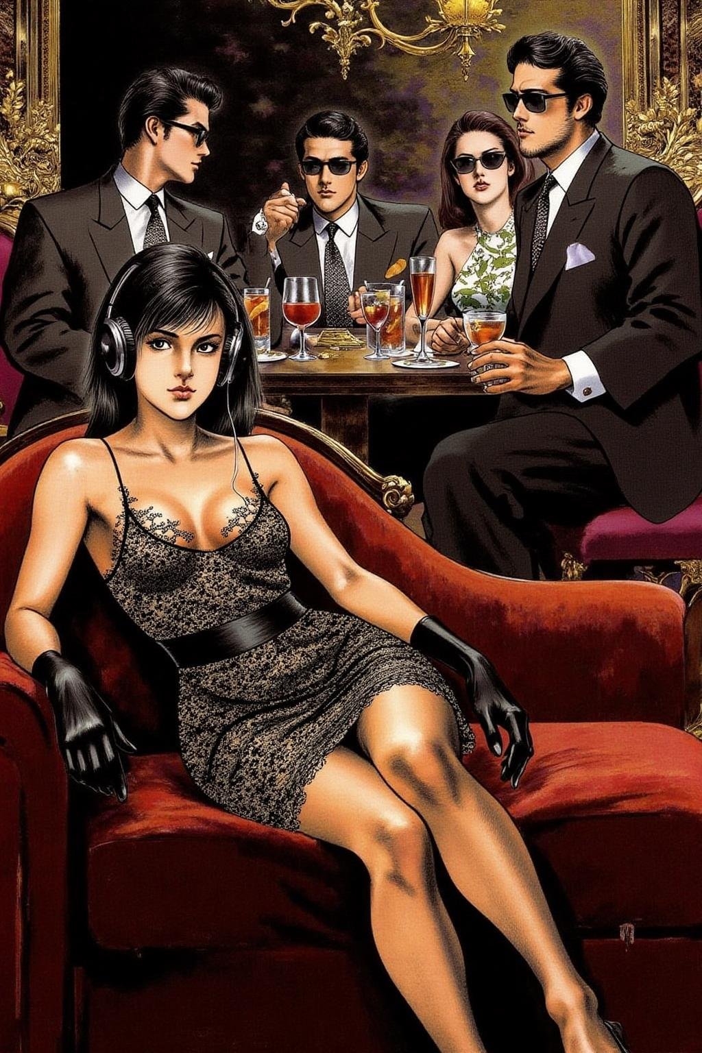 1keryo illustration. A luxurious,  dimly lit lounge set in 1970s Italy,  exuding vintage charm and opulence. A stylish you...