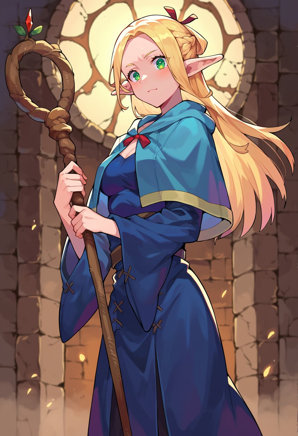 score_9, score_8_up, score_7_up, score_6_up, source anime, BREAK<lora:dungeon_meshi_marcille:0.8> ellicrampnxl, marcille donato, 1girl, pointy ears, elf, capelet, robe, dungeon, staff, holding, holding staff, looking at viewer