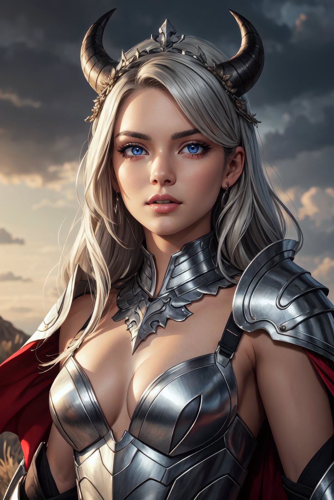 masterpiece, (best quality:1.2), hdr, detailed face and eyes, intricately detailed, magnificent, maximum details, extremely hyper aestheticgoddess, long hair, silver hair, Laurel crown, heighly detailed, girl with black horns and tail, bare shoulders, red eyes, small breasts, black knight armor, armor plate, extremely detailed clothes, overcast sky, arrogant, beautiful detailed eyes, looking at viewer