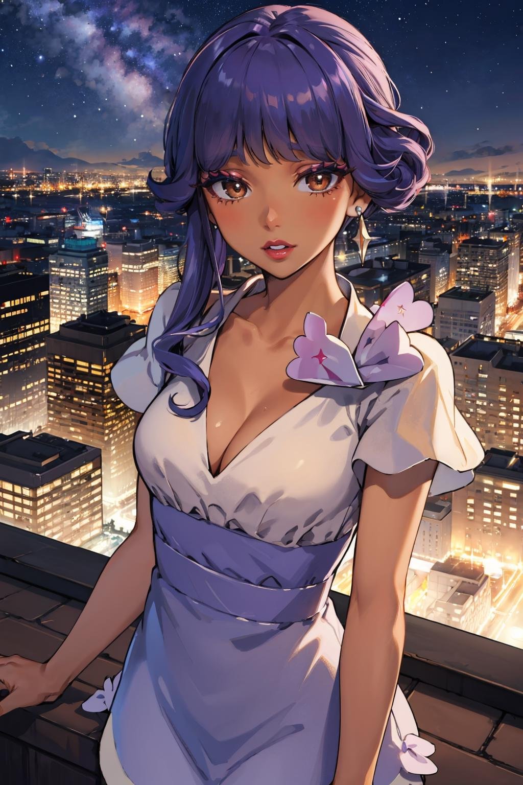 masterpiece, best quality,  <lora:tulip-nvwls-v1-000009:0.9> pkmnlip, brown eyes, dark skin, lipstick, earring, purple dress, short sleeves, cleavage, upper body, looking at viewer, night, cityscape, stars