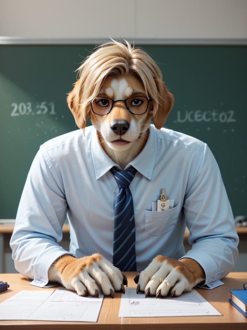 score_9, score_8_up, score_7_up, photorealistic, high quality, raw photo, furry, male, furry dog, slim, glasses, short hairstyle, blonde hair, professor, university, teacher, teaching students