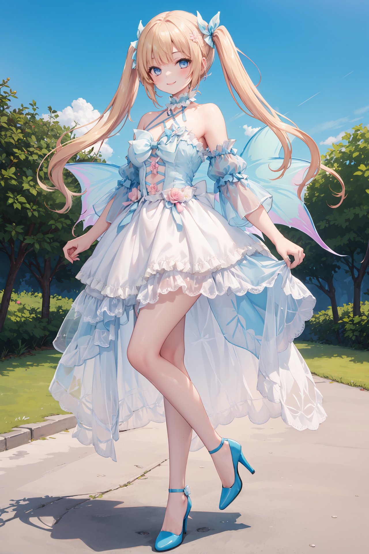 (full body:1.2),1girl,solo,<lora:twinyuki:0.6> tt,blonde hair,twintails,(blue eyes:1.2),twintails,smile,outdoors,liquid blue sky,standing on one leg,high heels,  <lora:butterfly_v1.5:0.8>,dress bow,layered dress,choker,butterfly wings,hair flower,long dress,pink dress,pink sleeves