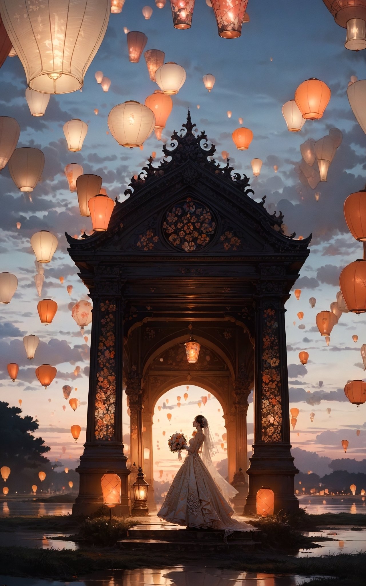 sky lantern，masterpiece, best quality, 32k uhd, insane details, intricate details, hyperdetailed, hyper quality, high detail, ultra detailed, Masterpiece, (Real water，Realistic water，flowing water:1.1)，ripples，(tangerine sky:1.4),(Wedding dress, veil, gown gloves, gloves:1.4), necklace,earrings,A whimsical sight of paper lanterns floating against the twilight sky, captured in a wide view by Tim Walker.    The lanterns cast a warm glow, creating a dreamlike tableau that melds tradition with beauty, i can't believe how beautiful this is, dream-like atmosphere，<lora:绪儿-孔明灯 sky lantern:0.8>