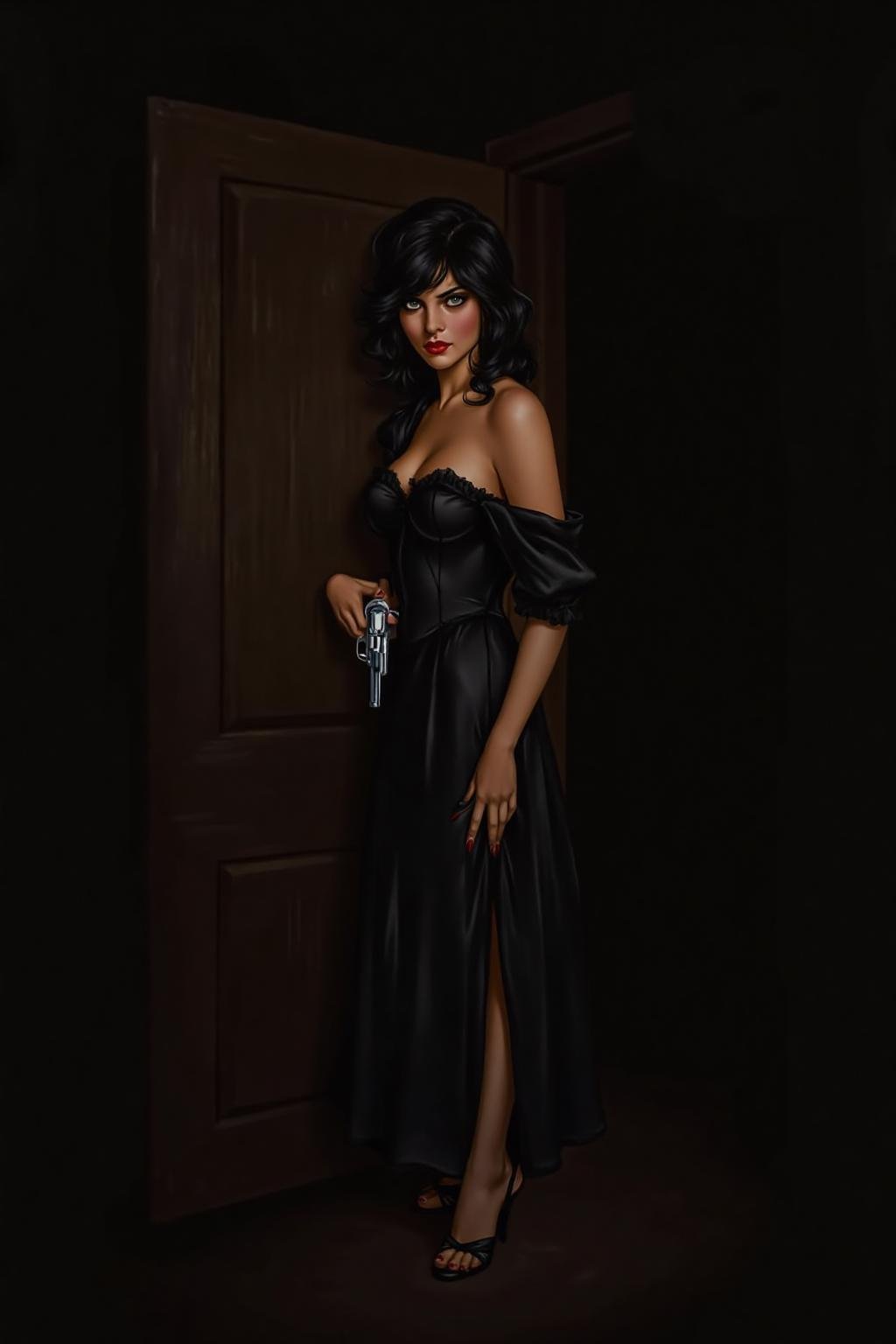 a1bertova illustration.a mysterious woman with dark,  wavy hair and piercing eyes stands in the shadows of a dimly lit roo...