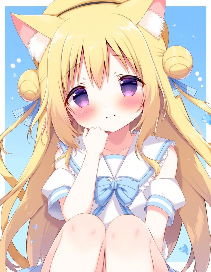 shiratama_(shiratamaco), commentary_request, 1girl, :o, animal_ears, arm_up, bare_legs, barefoot, beret, between_legs, blonde_hair, blue_bow, blush, bow, cat_ears, cat_girl, cat_tail, crop_top, detached_sleeves, diagonal-striped_bow, diagonal_stripes, double_bun, frilled_sailor_collar, frills, hair_between_eyes, hair_bun, hand_between_legs, hat, long_hair, looking_at_viewer, navel, parted_lips, puffy_short_sleeves, puffy_sleeves, purple_eyes, sailor_collar, shirt, short_sleeves, sleeveless, sleeveless_shirt, solo, striped, striped_bow, tail, very_long_hair, water_drop, , white_sailor_collar, white_shirt, white_sleeves, yellow_hat, , original, year_2022,, <lora:flux-Shiratamaco-000006:1>