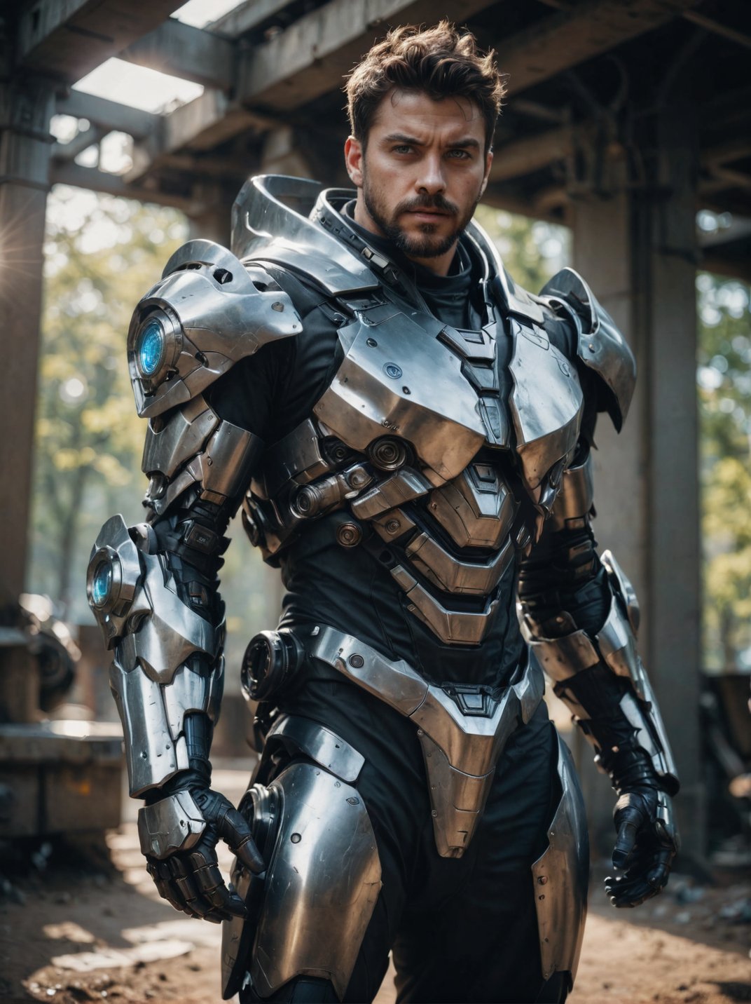 (masterpiece, best quality, ultra-detailed, best shadow), cinematic film still, photo of a man wearing a high tech scifi armor, mecha armor, male focus, armor, solo, facial hair, cape, beard, looking at viewer, blue eyes, blurry background, power armor, knee protection, standing, brown hair, science fiction  <lora:aesthetic_anime_v1s:1.2>