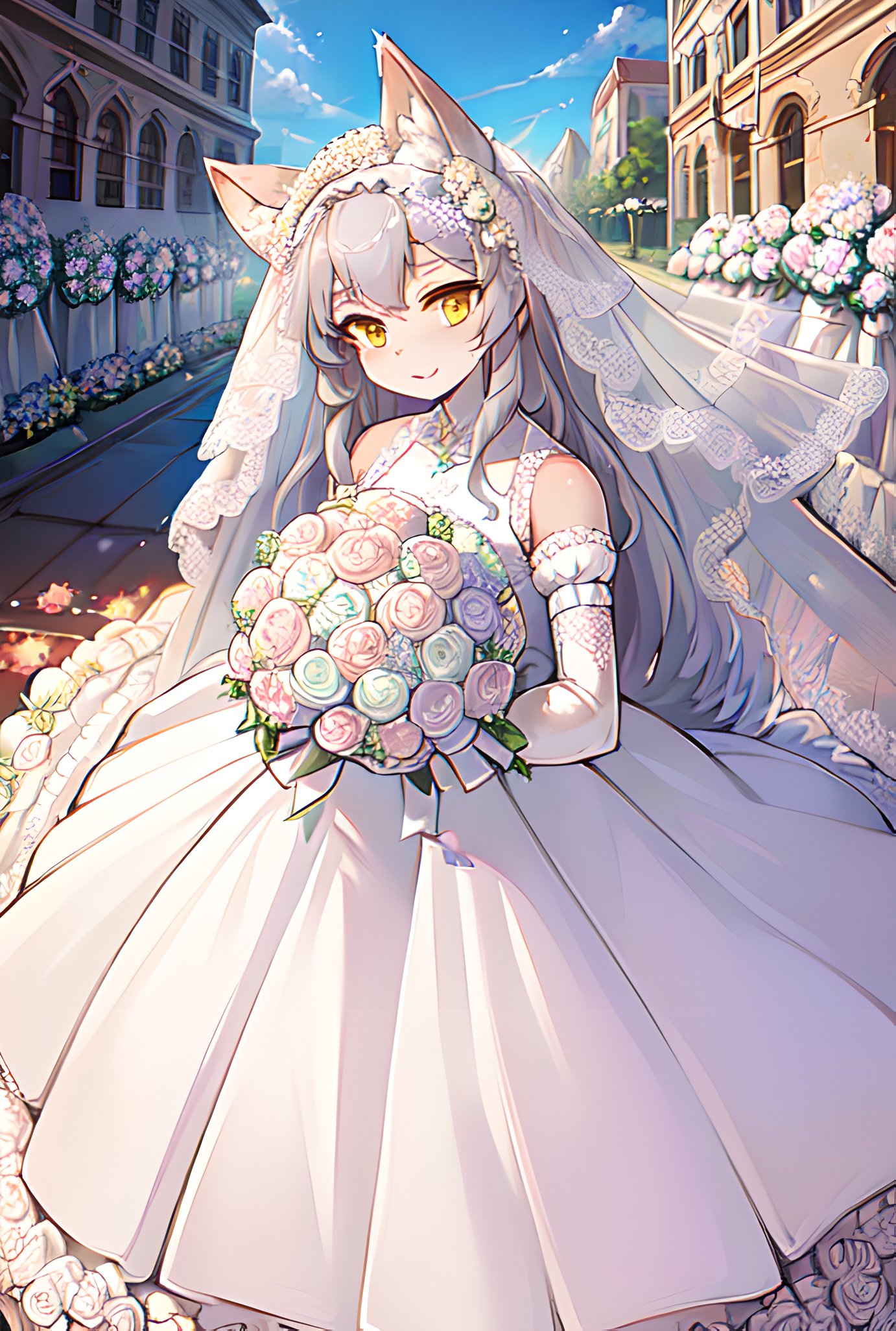 (,character_focus:1.1),masterpiece, high quality, absurd res, digital painting \(artwork\),(Humanity,girl,Wolf ears,gray hair, fluffy tail:1.2),(gray blue hair:0.8),long hair,yellow eyes, bright eyes,panorama,solo,character focus.detailed background,(bride, wedding dress, bouquet,:1.3)