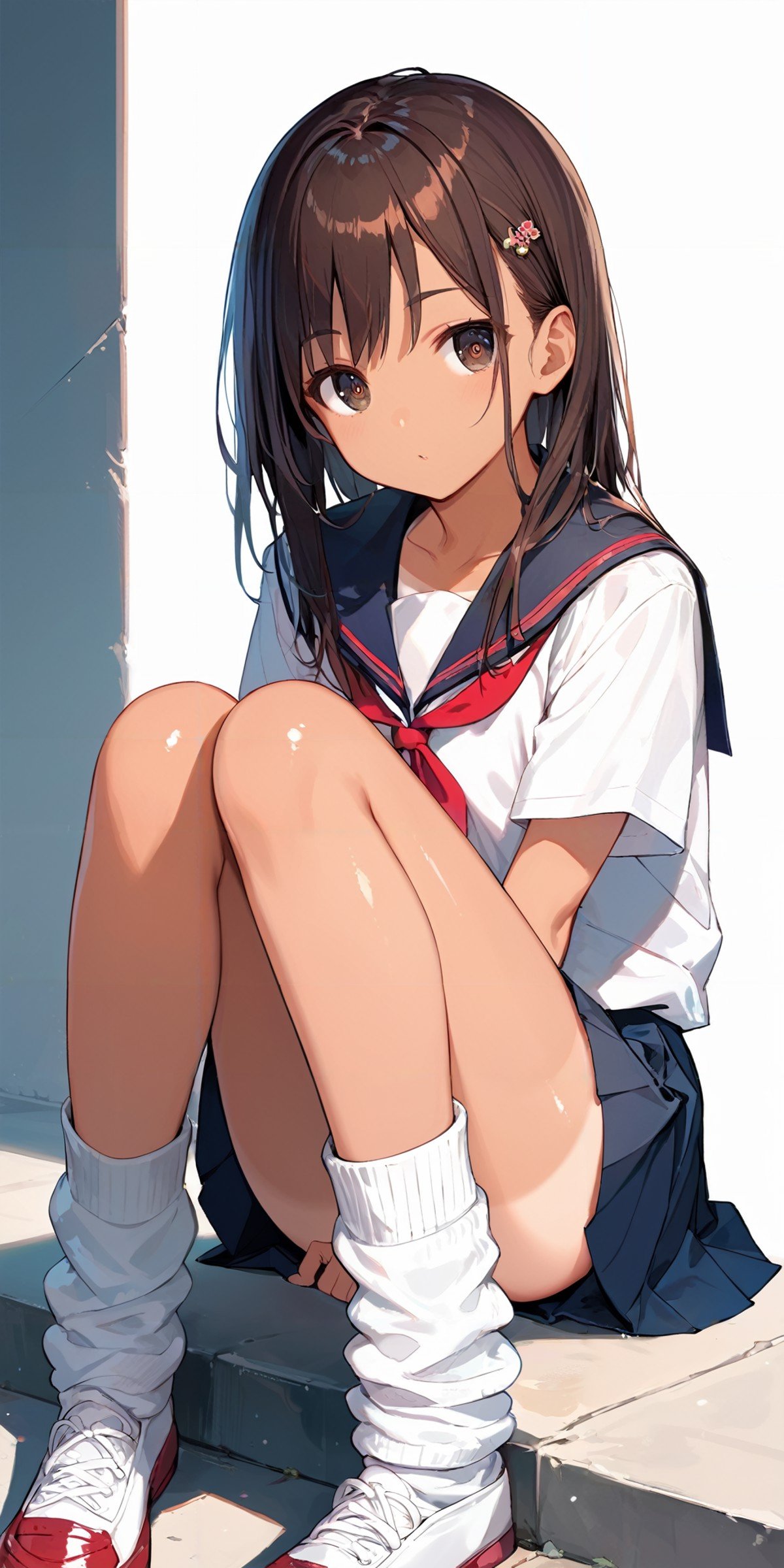 score_9, score_8_up, score_7_up,source_anime, high res image,masterpiece,best quality,girl,cute face,clear skin,shiny hair,ultra detailed eyes,simple background, <lora:loose socks_pony_V1.0:0.6> jyojifuku, school uniform, loose socks,sitting,suntan line,brown hiar