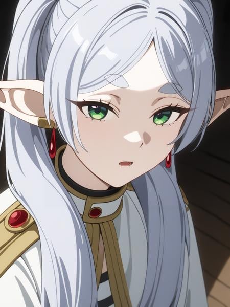 best quality,masterpiece,highres,absurdres,1girl,solo,newest,rating: general,  <lora:Frieren_XL-step00001000:0.6> ,(frieren, pointy ears, elf, earrings, twintails, parted bangs, grey hair, thick eyebrows)