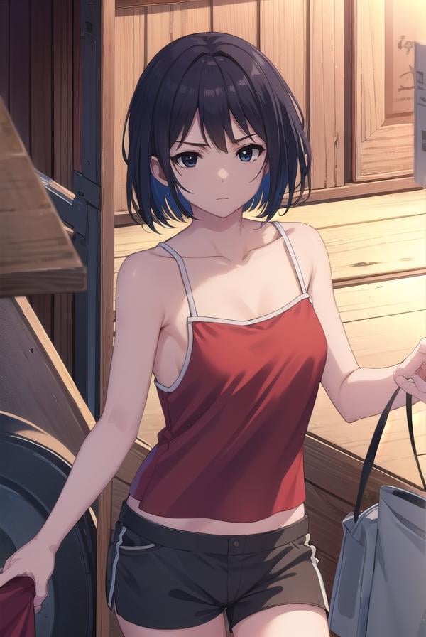 keikosanjou, <lora:keiko sanjou s1-lora-nochekaiser:1>,keiko sanjou, short hair, black hair, (black eyes:1.5),BREAK shorts, black shorts, camisole, bare shoulders, collarbone, (red camisole:1.5),BREAK outdoors, shrine,BREAK looking at viewer, (cowboy shot:1.5),BREAK <lyco:GoodHands-beta2:1>, (masterpiece:1.2), best quality, high resolution, unity 8k wallpaper, (illustration:0.8), (beautiful detailed eyes:1.6), extremely detailed face, perfect lighting, extremely detailed CG, (perfect hands, perfect anatomy),