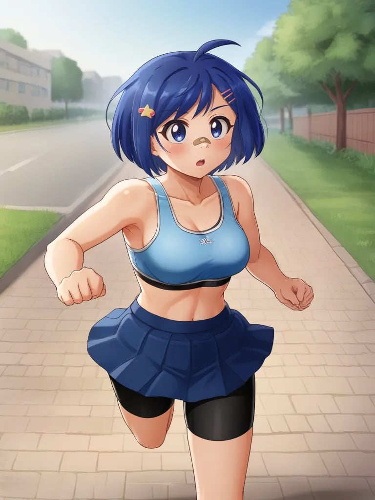 <lora:ohosinagisapony:0.8>1girl, solo, ohosinagisa, blue hair, short hair, hairclip, blue eyes, bandaid on nose, blue sports bra, blue skirt, bike shorts, outdoors, brick, path, running, parted lips