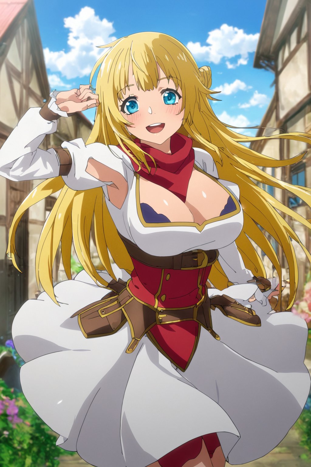 ritto, single hair bun,  1girl, long hair, solo, blonde hair, blue eyes, open mouth, smile, clothing cutout, breasts, long sleeves, cloud, sky, outdoors, braid, arm up, belt, blunt bangs, very long hair, dress, day, armpits, :d, blush, puffy sleeves, looking at viewer, teeth, blue sky, upper teeth only, cleavage cutout, red scarf,masterpiece, perfect face, best quality, beautiful girl, cute girl, beautiful eyes, shiny eyes, anime coloring, anime screencap, absurdres, award winning,<lora:ritto s1 asyncs 902:0.8>