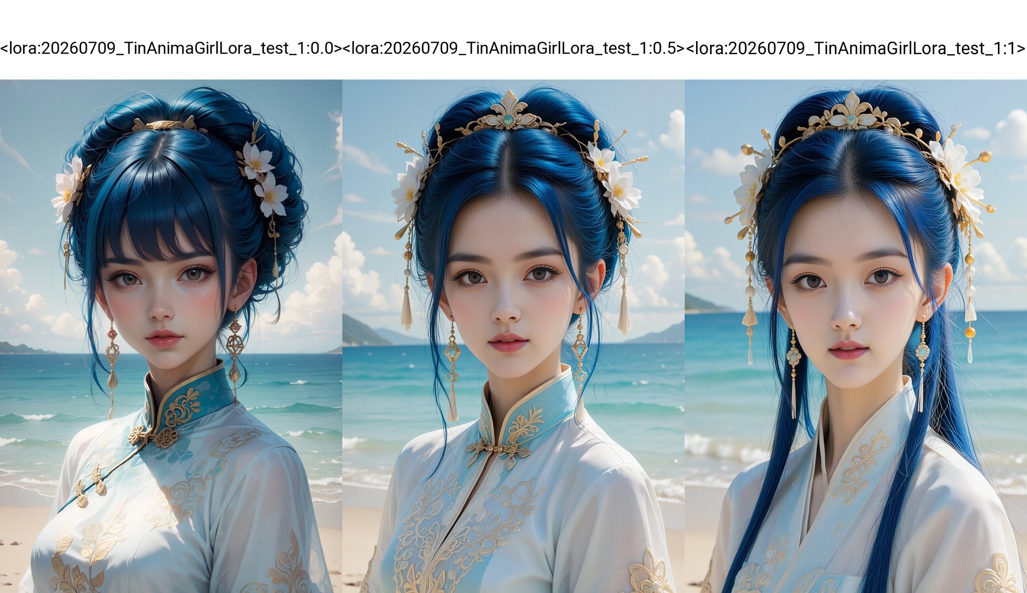 A young woman with striking blue hair,  styled in a voluminous updo adorned with delicate white flowers and gold ornaments...