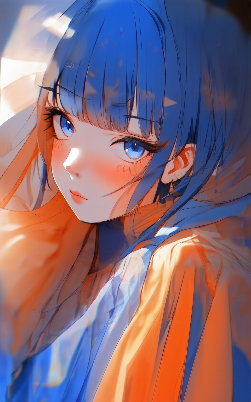 anime style, 1girl, partially covered with translucent fabric, blue and orange fabric hues, fabric drapes around her, mysterious and ethereal atmosphere, lighting accentuates facial contours, mix of cool blue and warm orange tones, expressive eyes.