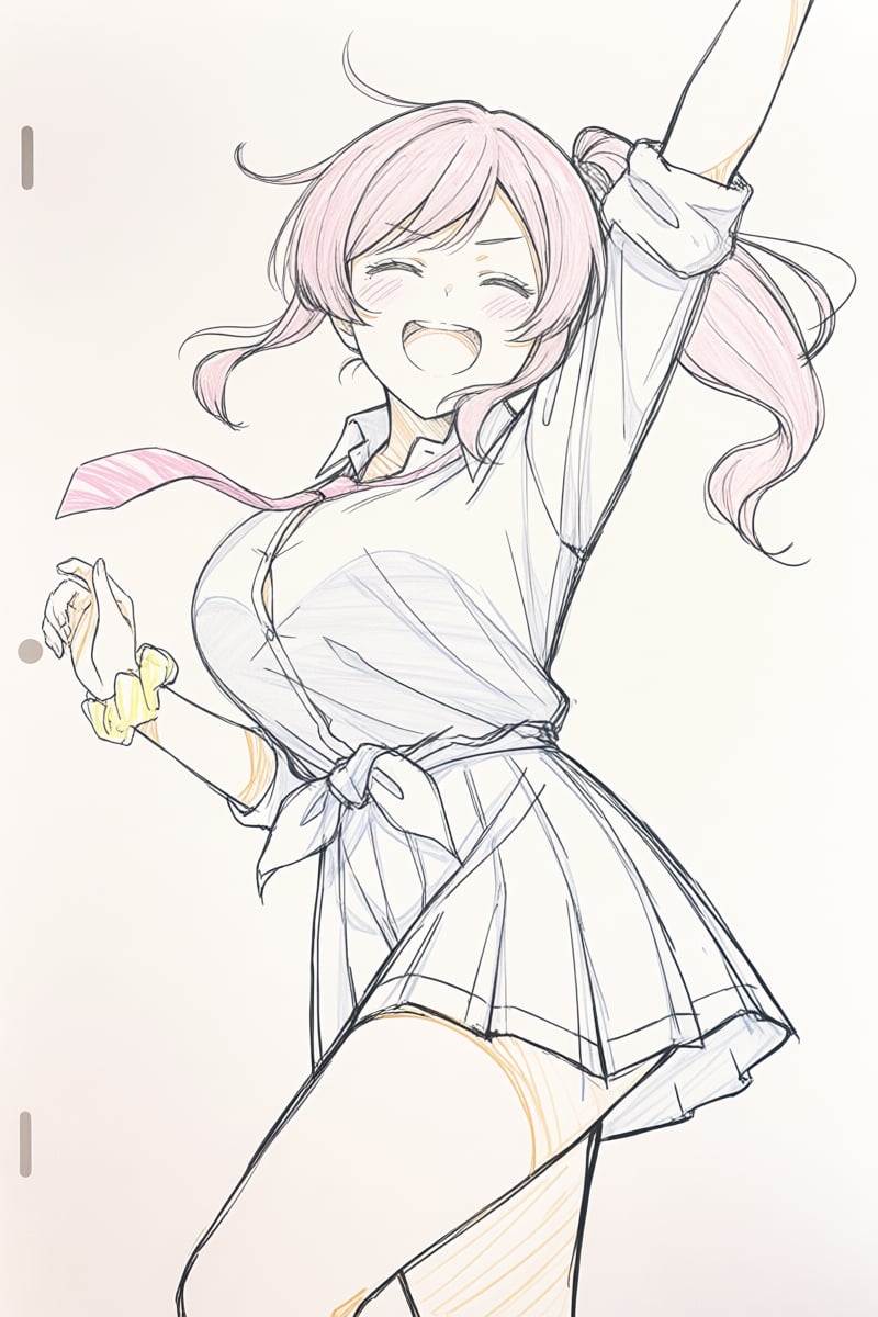 @ppst,  The lines of the drawing are loose and sketchy. The image depicts a young woman with light pink hair tied into a s...