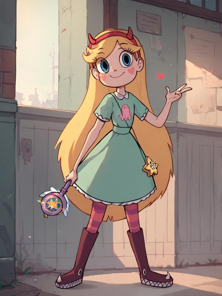 <lora:starpony:0.8> starbutterfly, 1girl, blonde hair, horned headwear, hairband, long hair, solo, teal dress, heart, blue eyes, facial mark, very long hair, smile, wand, boots,standing,  striped pantyhose, striped,looking at viewer,, score_9, score_8_up, score_7_up, score_6_up  <lora:Smooth Anime Style LoRA XL:1>