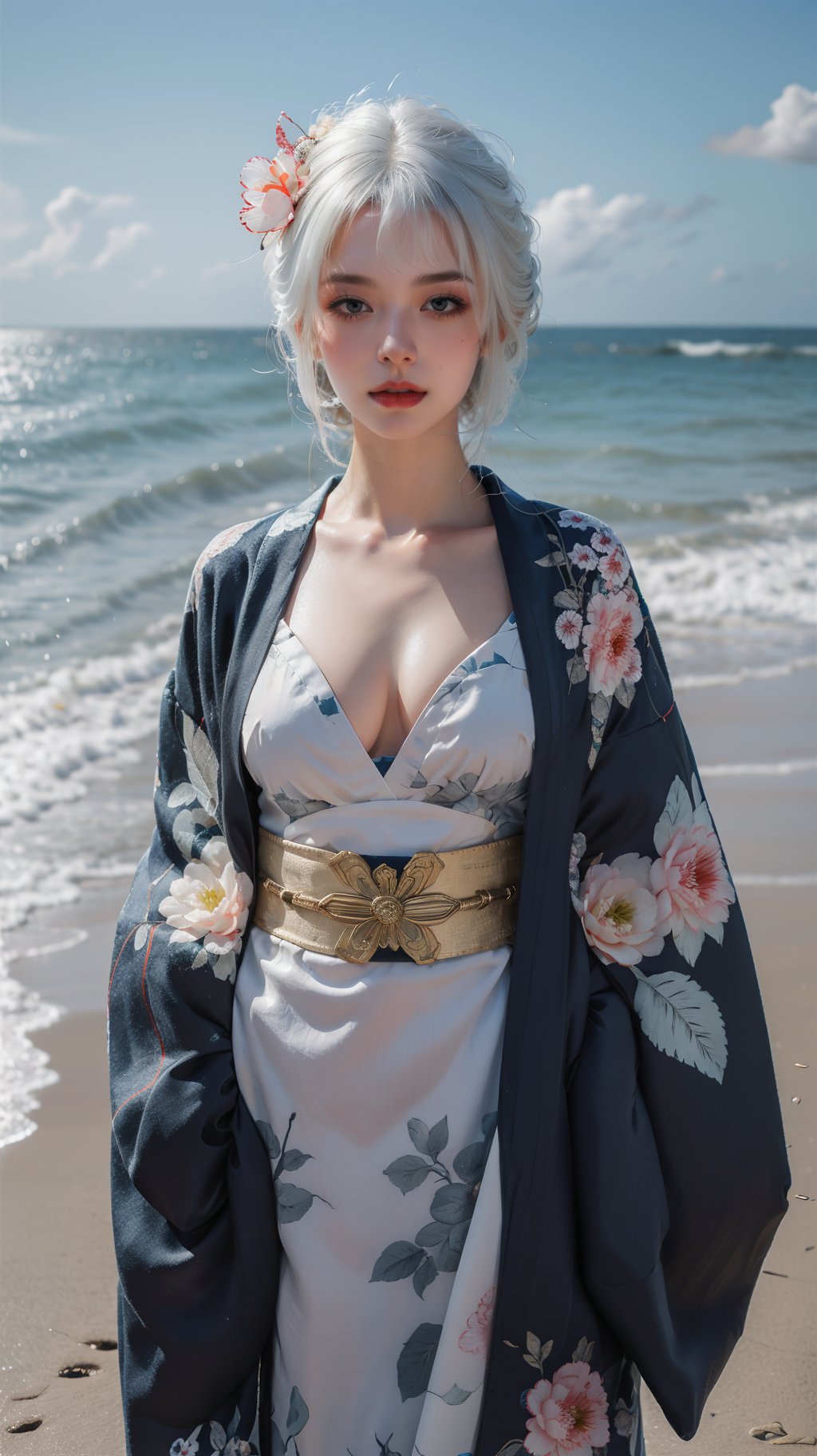 1girl,kimono, japanese clothes,full body,hair flower,bangs,solo,cleavage,over the sea,white hair,<lora:麻袋2024-030和服权重0.6-0.9:0.8>,, masterpiece,best quality,ultra-detailed,