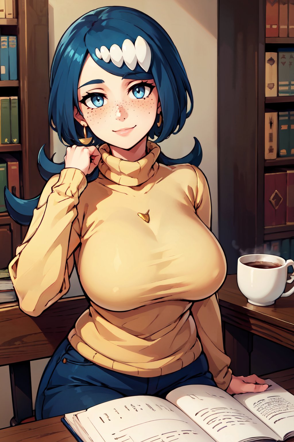 ((masterpiece,best quality)), absurdres,  BREAK,, <lora:Lanas_Mother_Pokemon:0.8>, zzLanasMother, blue hair, blue eyes, long hair, freckles, large breasts, hair ornament, , BREAK, turtleneck sweater, earrings, library, cup of coffee, sitting at table, BREAK, solo, smile, looking at viewer, cowboy shot,