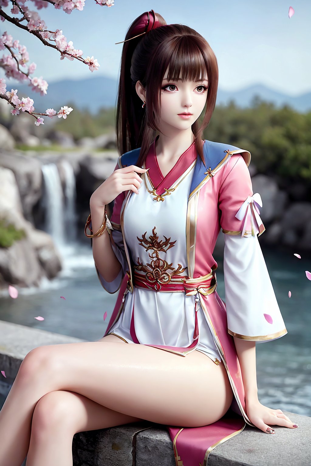 sitting, (crossed_legs), dress, chinese_clothes, long_sleeves, looking_at_viewer, (8k, RAW photo, best_quality),(highly_detailed),(masterpiece:1.2),(ultra-detailed),(extremely_detailed_cg_8k_wallpaper),(realistic:1.2),(photorealistic:1.3), (scenery, waterfall, (cherry_blossoms), (milfeulle_sakuraba), (petals, falling_petals), sky, petals, water, stone),1girl, solo, brown_hair, mole, mole_under_eye, long_hair, ponytail, hair_ornament, eyeshadow, eyelashes, jewelry, earrings, makeup,white_legwear,fingernails,nail_polish,medium_shot,photo_\(medium\),(texture_skin:1.3),(shiny_skin:1.4),(an_extremely_delicate_and_beautiful),<lora:syqiangk_加强_苏Y微_C9_2.1:0.8>,