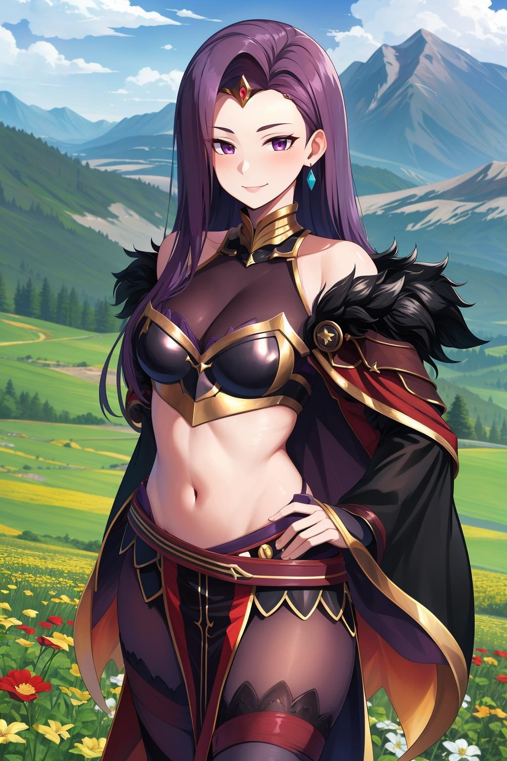 masterpiece, best quality, respSonya, circlet, black cape, feather trim, cleavage, bare shoulders, midriff, purple pantyhose, standing, cowboy shot, smile, furrowed brow, looking at viewer, mountains, flower patch <lora:sonya-nvwls-v1-000012:0.9>