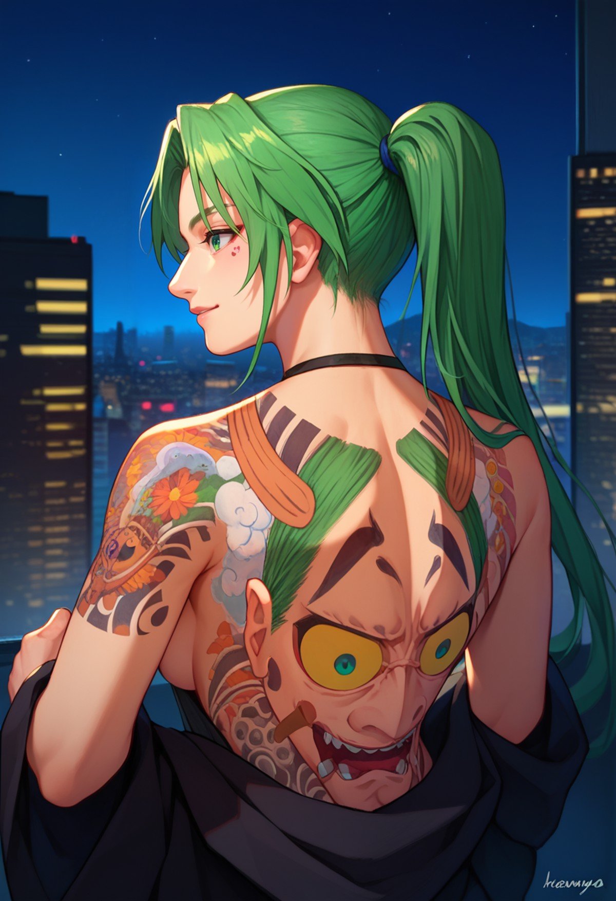 score_9, score_8_up, score_7_up,  hannya tattoo, back tattoo, 1girl,  <lora:Hannya tattoo-000008:1>  <lora:MionCAME2:1> Mion Sonozaki, green eyes, ponytail, cityscape, night, 