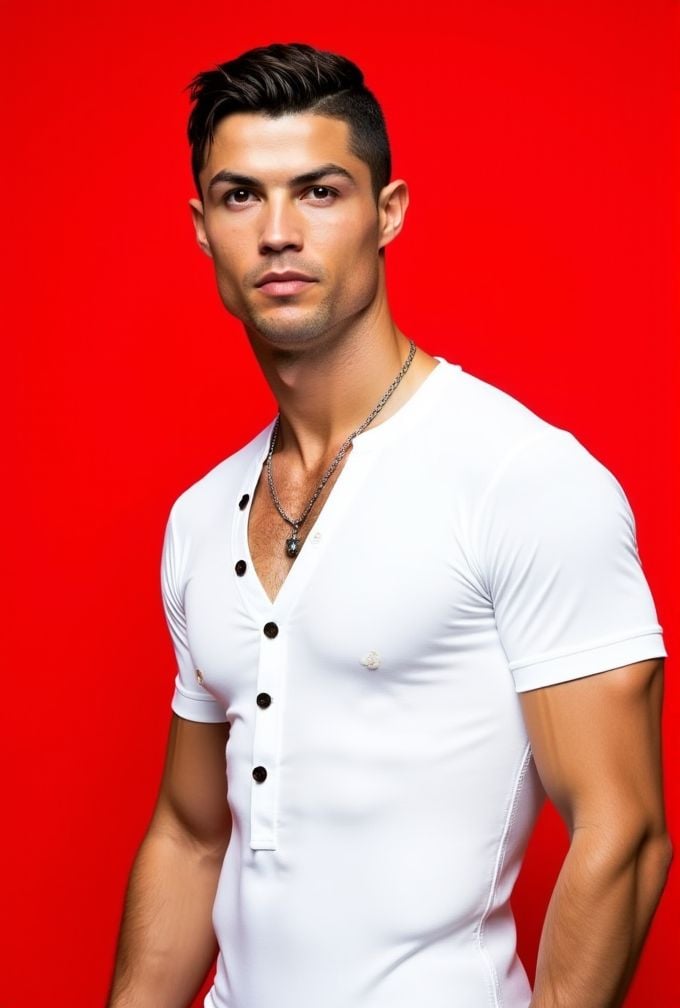 Cristiano Ronaldo ,  The image is a high-resolution photograph,  standing against a solid red background. wavy hair styled...