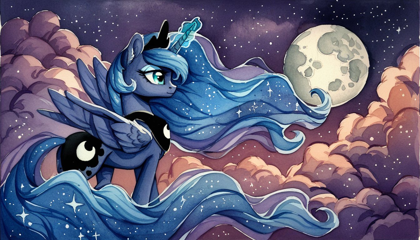 score_9, score_8_up, score_7_up, score_6_up, score_5_up, score_4_up, rating_safe, princess luna, alicorn, female, mare, pony, solo, g4, magic, moon, scenery, sky, full moon, watercolor painting, traditional art, detailed, beautiful, <lora:MLP_Watercolor_Painting_v1-000006:1>