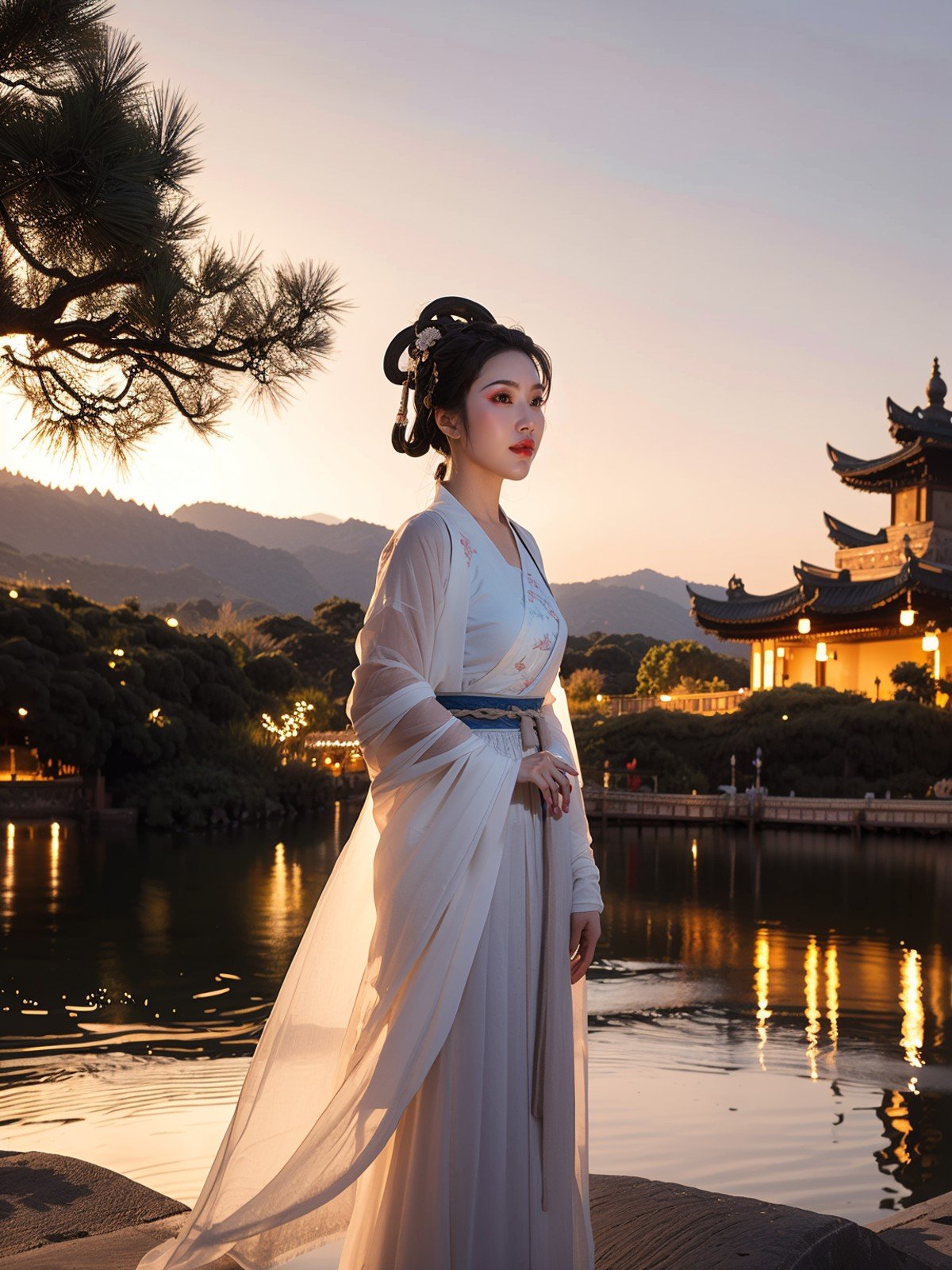 The ancient city in the river twinkling lights,lights reflected on the river,like a bright Milky Way,a pure white Hanfu girl standing alone on the boat,