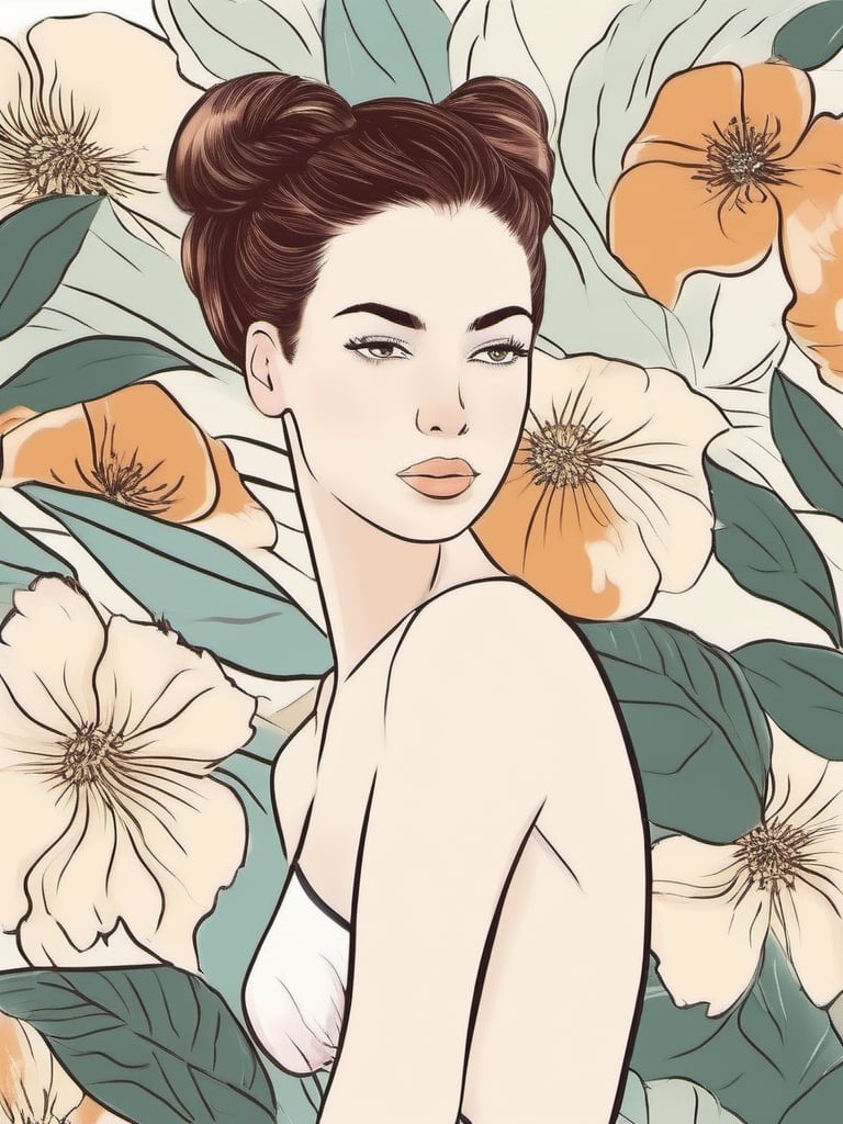 1NK , <lora:1NK:1>, illustration of a young woman in a swimsuit. She is standing with her back to the viewer, facing away from the camera. Her hair is styled in a high bun and she has a serious expression on her face. The background is filled with various flowers and leaves, creating a floral and leafy atmosphere. The overall style of the illustration is sketchy and minimalistic.