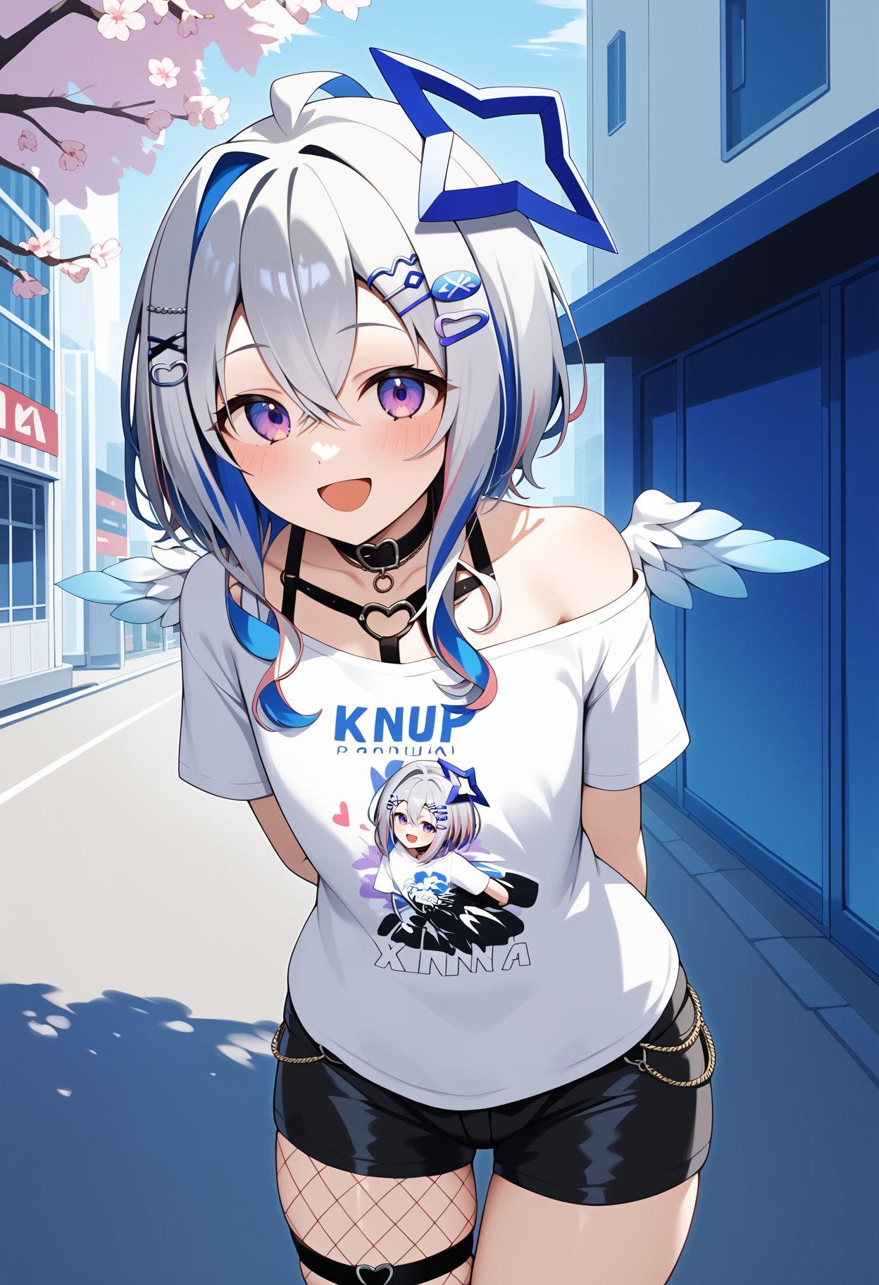 score_9, score_8_up, score_7_up, score_6_up, score_5_up, score_4_up, source_anime, ffkanata, short hair, multicolored hair, grey hair, blue halo, hair ornament, hairclip, crossed bangs, purple eyes, wings, black choker, off shoulder, heart o-ring, print shirt, white shirt, short sleeves, wrist straps, short shorts, black shorts, thigh strap, fishnet pantyhose, single thighhigh, <lora:amane_kanata_ponyxl_v1:0.9>, smile, open mouth, standing, cowboy shot, leaning forward, bent over, outdoors, cherry blossoms, arms behind back, road, city, building, 