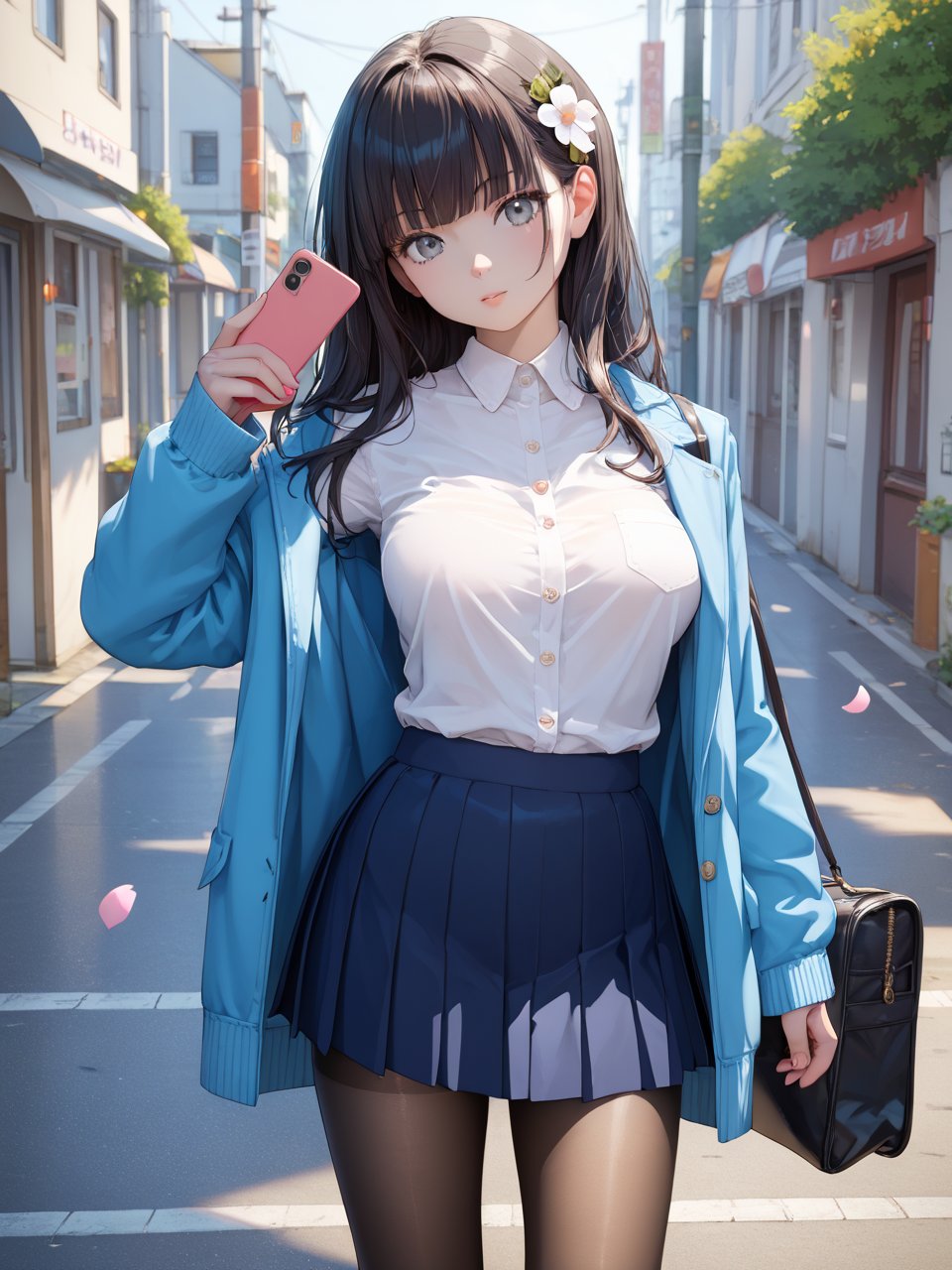 score_9,score_8_up,score_7_up,source_real,rating_explicit BREAK dramatic light,depth of field,dramatic shot,1girl,phone,solo,pantyhose,skirt,long hair,cellphone,holding phone,holding,smartphone,jacket,looking at viewer,bag,simple background,bangs,breasts,pleated skirt,hayakawaak,black hair,grey eyes,flower street,flower, 