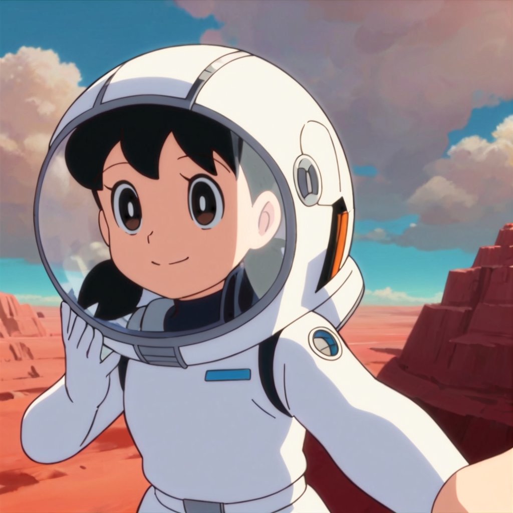 score_9, score_8_up, score_7_up, score_6_up, score_5_up, score_4_up, source_anime,minamoto shizuka, black hair, twintails, cowboy shot, 1girl, solo, smile, Girl in a spacesuit stepping onto the surface of Mars, Earth visible in the distance, vast red landscape, futuristic colony in the background, sense of wonder and exploration, epic sci-fi scene, hyper-realistic detail,masterpiece, perfect face, best quality, beautiful girl, cute girl, beautiful eyes, shiny eyes, anime coloring, anime screencap, absurdres,  <lora:minamoto shizuka mala 912:0.8>