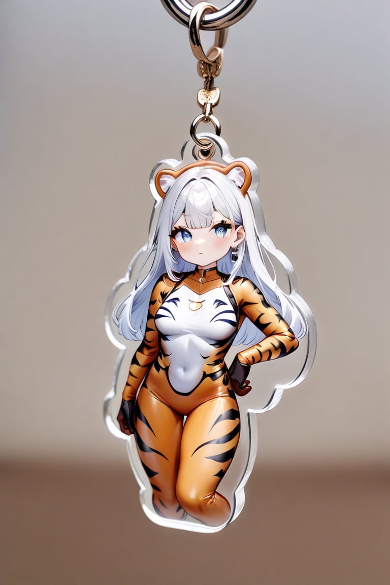 1girl,acrylic keyholder,drawing on object,drawing on acrylic keyholder,bodysuit, animal print, tigger print,white hair,fake ears