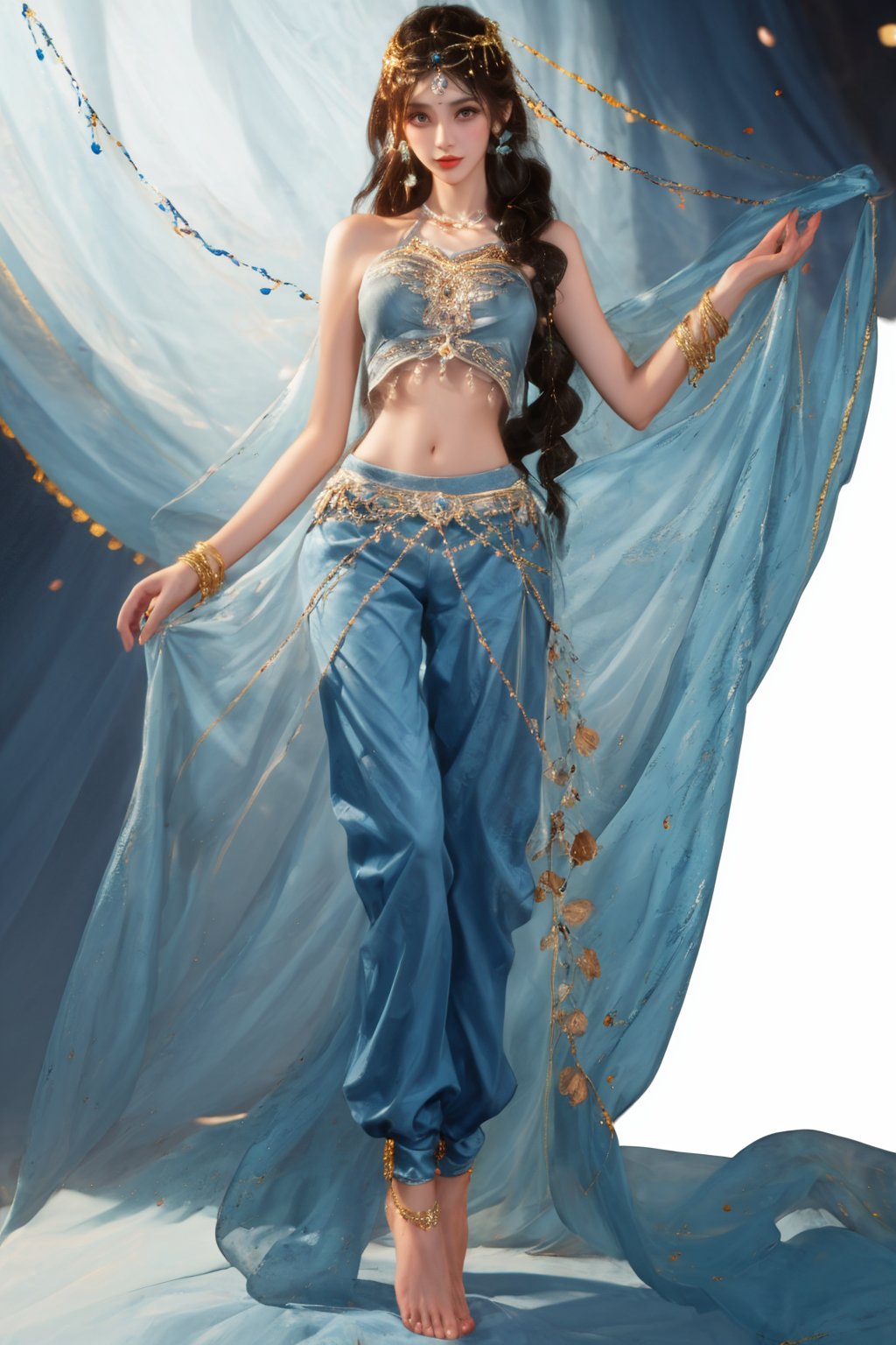 future007,barefoot,bare shoulders,blue dress,blue pants,head chain,baggy pants,navel,Arabic costume,anklet,<lora:future008-hanfu:0.9>,thigh gap,standing,