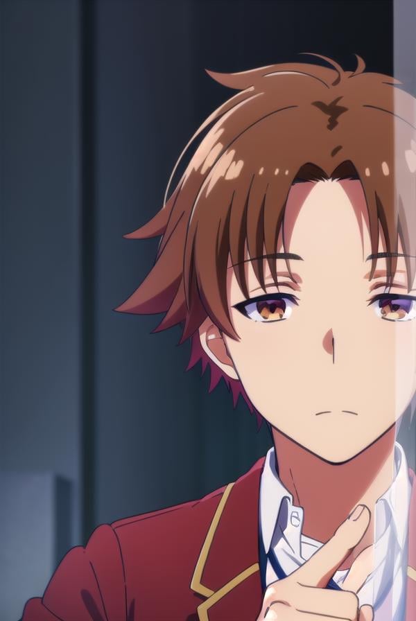 kiyotakaayanokouji, <lora:kiyotaka ayanokouji s2-lora-nochekaiser:1>,kiyotaka ayanokouji, brown hair, (brown eyes:1.5), male focus, (parted bangs:1.5), short hair,BREAK school uniform, jacket, necktie, blazer, blue necktie, shirt, white shirt, collared shirt, (red blazer:1.5),BREAK indoors, classroom,BREAK looking at viewer, (cowboy shot:1.5),BREAK <lyco:GoodHands-beta2:1>, (masterpiece:1.2), best quality, high resolution, unity 8k wallpaper, (illustration:0.8), (beautiful detailed eyes:1.6), extremely detailed face, perfect lighting, extremely detailed CG, (perfect hands, perfect anatomy),