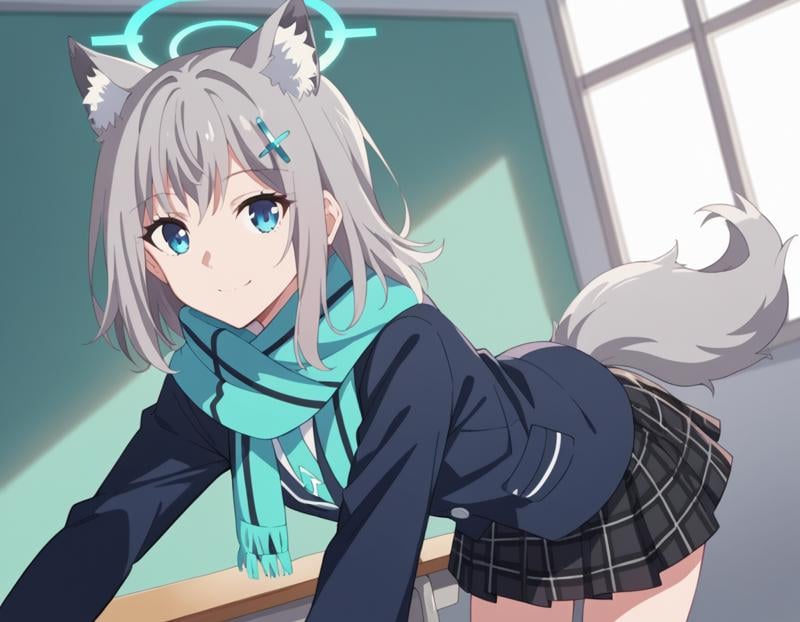 score_9, score_8_up, score_7_up, source_anime, <lora:shiro-sunaookami-s1-ponyxl-lora-nochekaiser:1>, shiroko sunaookami, animal ears, blue eyes, grey hair, hair ornament, hairpin, halo, medium hair, wolf ears,, checkered clothes, checkered skirt, school uniform, skirt, scarf,, indoors, bent over, smile,, looking at viewer, solo, cowboy shot, dutch angle