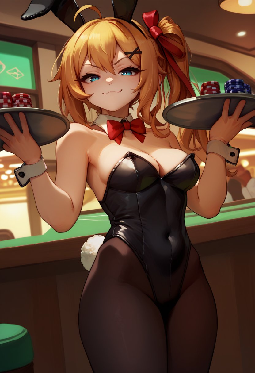 score_9, score_8_up, score_7_up, solo, 1girl, gflkalina, smug, looking at viewer, holding tray, ahoge, side ponytail, x hair ornament, hair ribbon, red ribbon, hairclip, playboy bunny, black leotard, black pantyhose, cleavage, indoors, casino <lora:gfl_kalina_ponyXL:1>