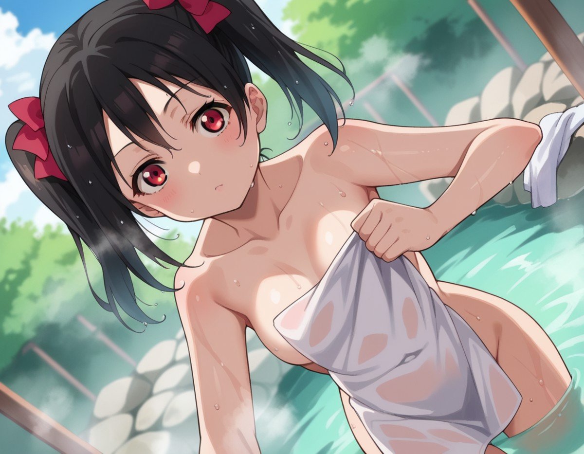 score_9, score_8_up, score_7_up, source_anime,nikoyazawa, <lora:nico-yazawa-s1-ponyxl-lora-nochekaiser:1>,niko yazawa, black hair, red eyes, bow, twintails, hair bow,nude, naked, outdoors, onsen, towel, naked towel, steam, bathing, nude cover, partially submerged, water, bath, steam censor, wet towel,looking at viewer, cowboy shot, dutch angle,