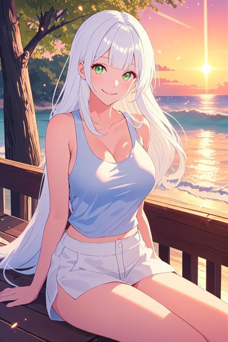 long hair, white hair, green eyes, sitting on boardwalk, sunset, light particles, fireflies, volumetric lighting, tank top, large breasts, smile, sparkling eyes, blunt bangs