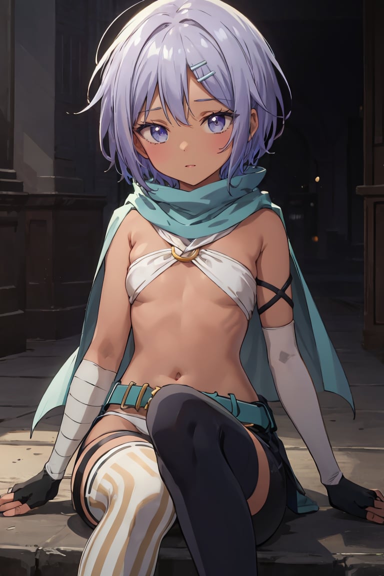 masterpiece, best quality, ultra-detailed, glistening shiny, glowing light, ray tracing, HDR, deph of field, (perfect face, detailed face),  <lora:SprRen:0.8>, sprren, dark skin, short hair, hairclip, flat chest,white bikini, o-ring top, blue capelet, blue belt, fingerless gloves, arm bandages, asymmetrical legwear, vertical striped thighhighs, uneven legwear, sitting