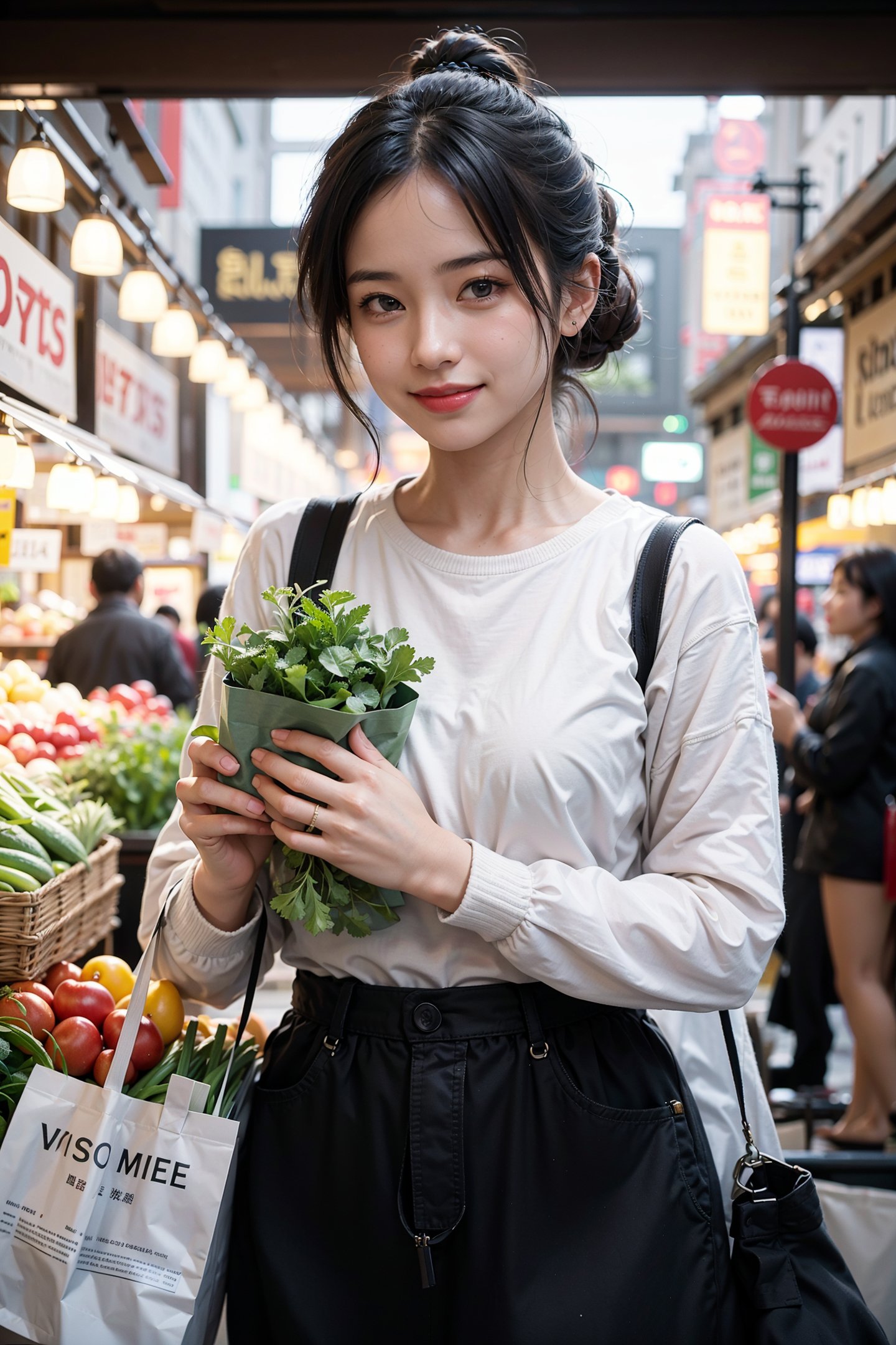 Cinematic still of girl holding shopping bag full of vegetables with paws, shopping with smile in a market. . Shallow depth of field, vignette, highly detailed, high budget, bokeh, Cinemascope, moody, epic, gorgeous, film grain, grainy