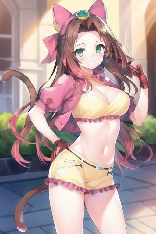 1girl, sthsara, long hair, brown hair, forehead, green eyes, hair bow, jacket, miniskirt, navel, cat tail, puffy sleeves, short sleeves, grin, looking at viewer, standing, palace <lora:sara_sth-000005:1>